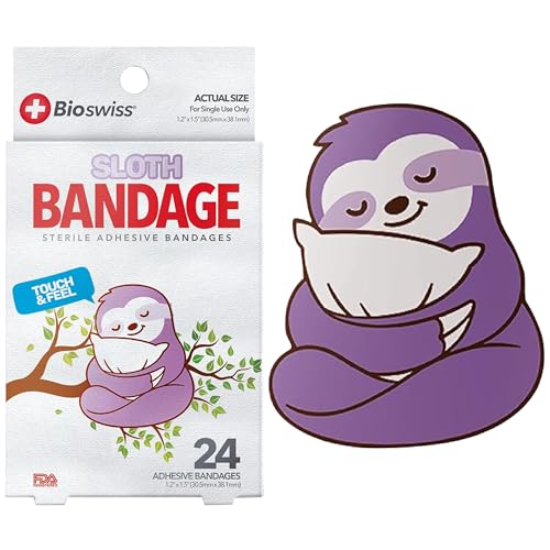 BioSwiss Bandages, Sloth Shaped Self Adhesive Bandage, Latex Free Sterile Wound Care, 24 Count