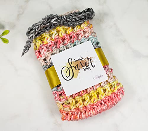 Grey Pink Yellow Blue Multi Color Crochet Soap Saver Bag - Soap Savers For Bar Soap Pouch - 3 Pack Set - Cotton Soap Sack with Drawstring