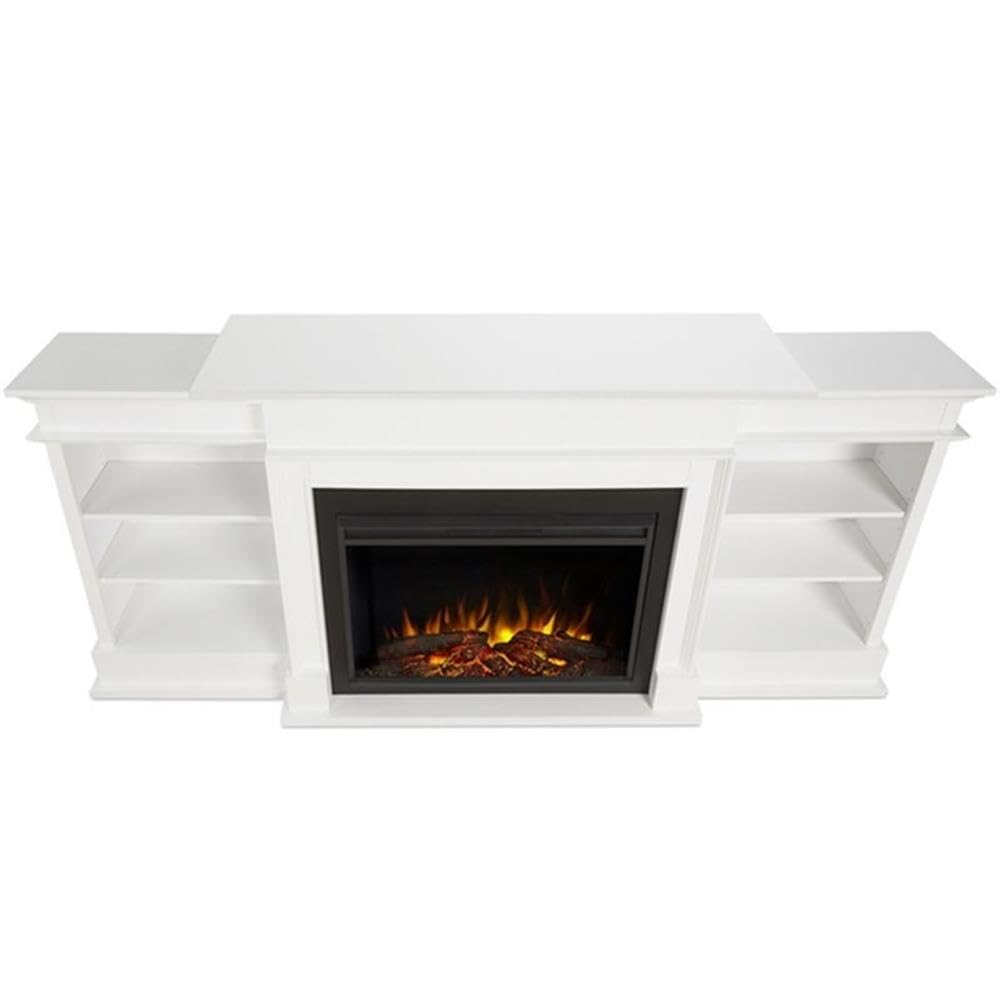 Bowery Hill 92" W Modern Wood Electric Fireplace TV Stand with Mantel & Remote Control, 6-Feet Power Cord and Hardware, 5 Flame Brightness Levels, for TVs up to 85", in White & Black Finish