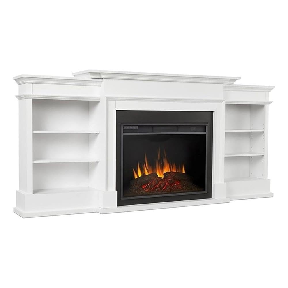 Bowery Hill 92" W Modern Wood Electric Fireplace TV Stand with Mantel & Remote Control, 6-Feet Power Cord and Hardware, 5 Flame Brightness Levels, for TVs up to 85", in White & Black Finish