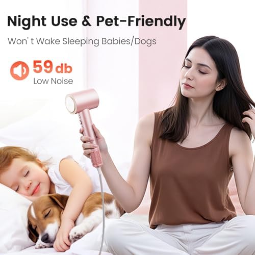 Hair Dryer, 160,000 RPM High-Speed Ionic Blow Dryer for Fast Drying, Professional Lightweight Hairdryer with Diffuser, Magnetic Nozzle, 4 Temps & 2 Speeds, Low Noise for Travel & Home - Pink