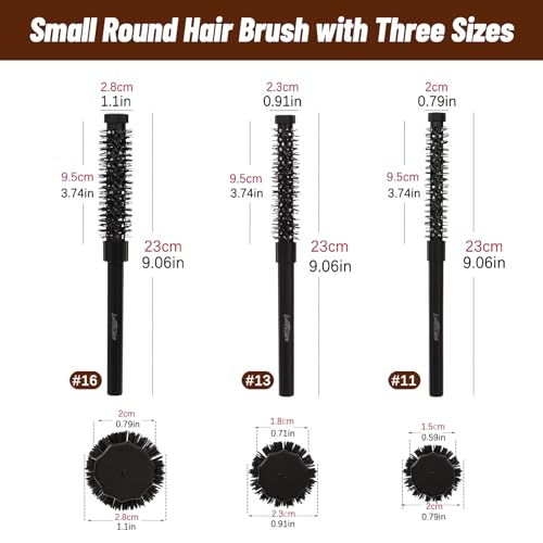 3pcs Small Round Hair Brush for Short Hair - Barrel Hair Brush for Blow Drying, Aluminum Round Brush for Bobs, Bangs, Lobs, Roots, Curling, Pixie Cuts, Straight Hair - Black