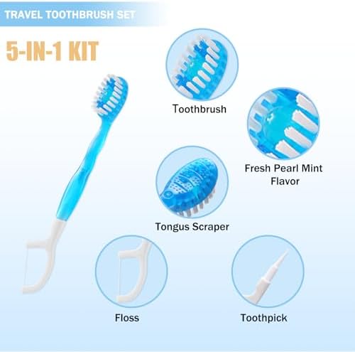 20 Individually Packaged Disposable Travel toothbrushes with Toothpaste, 5-in-1 Convenient Mini Disposable Toothbrush (Toothbrush + Toothpaste + Tongue Scraper + Dental Floss + Pick)