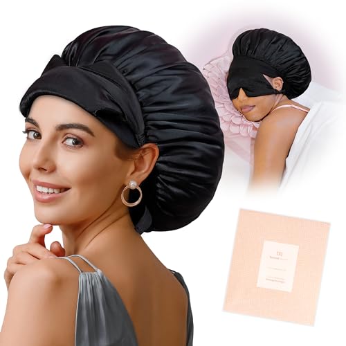 BONNET QUEEN Silk Bonnet for Sleeping Women Satin Bonnet with Eye Mask Non Slip Hair Wrap for Curly Hair Night Sleep Cap Black