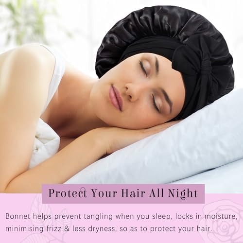 2Pack Bonnet with Tie Band, Satin Silk Bonnet for Sleeping, Sleep Bonnets for Women, Large Sleep Cap for Braids Curly Hair
