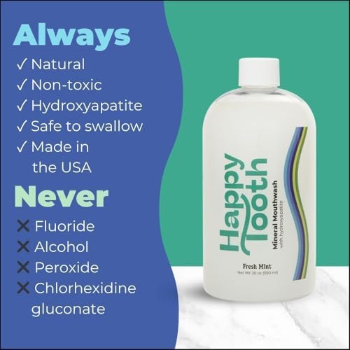 Happy Tooth Hydroxyapatite Mouthwash, Fluoride Free, Teeth Whitening, Remineralizing for Enamel Strength, Fresh Breath, Oral Microbiome Support, Dentist Formulated, Gentle Care, Fresh Mint, 20 Fl Oz