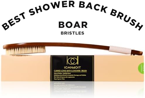 ICANdOIT-17.71Inch Natural Boar Bristles Anti-Slip Curved Long Handle Bath Brush,Bent Handle Shower Scrubber for Exfoliating,Shower Back Brush