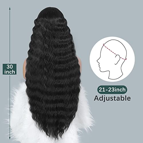 30 Inch Synthetic Curly Wigs for Women Long Black Hair Wig Lace Front 4" Simulated Scalp Natural Loose Deep Wave Crimps Curls Wig As Hair Replacement Wigs 1B