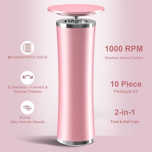 10-in-1 Electric Foot Callus Remover, Adjustable Speed Electric Callus Remover for Feet with 60 Sanding Pads, Foot Callus Remover, Heel Scraper for Cracked Heels (Rose Pink)