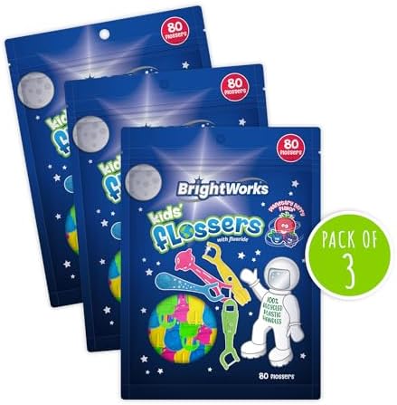 BrightWorks Kids Fun Space Flossers, Mixed Berry Flavor Fluoride [240 Floss Picks Total] Colorful Space Shapes: Astronaut, Rocketship, UFO, Earth. 100% Recycled Plastic Material. 80 Count (Pack of 3)