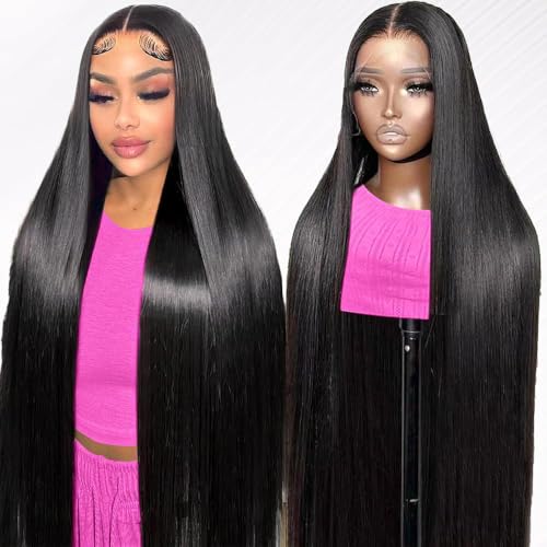 13x6 Lace Front Wigs Human Hair 200 Density Straight 13x6 HD Transparent Lace Frontal Glueless Wig Bralizian Human Hair Tiny Knots Natural Hairline with BabyHair (1B Black, 30 Inch)