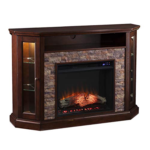SEI Furniture Redden Faux Stone Corner Convertible Electric Fireplace with Media Storage, New Espresso