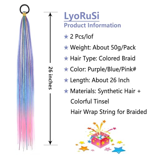 26 Inch Hair Tinsel Colored Braided Ponytail Extension 2 Pack Blue Pink Gradient Hair Extensions Ponytail with Elastic Tie Straight Sleek Wrap Around Hair Extensions for Braids