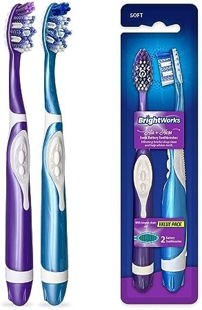 BrightWorks Sonic Battery Powered Toothbrush (2-Pack) (Blue/Purple) Soft Multi-Level Bristles for Whole Mouth, Vibrating Bristles Deep Clean, with Whitening Pads and Tongue Cleaner.
