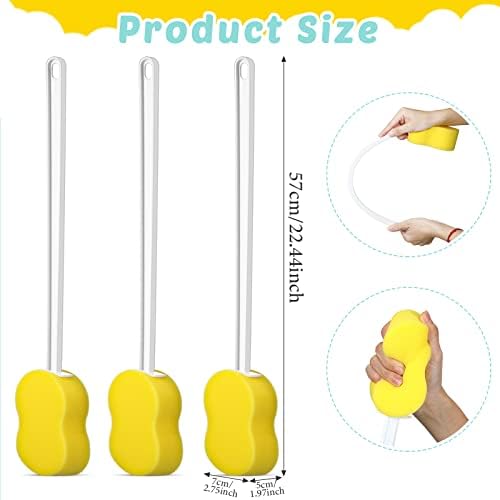 3 Pieces Long Handle Sponge 22.4'' Back Sponge on a Stick Body Brush Handled Washer Scrubber for Foot Body Limited Motion(Yellow)
