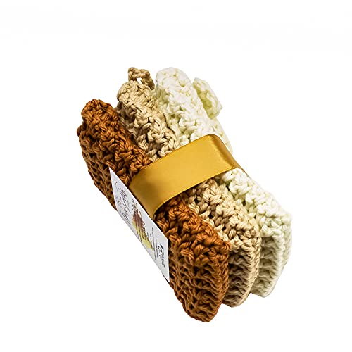 Ivory Taupe Antique Gold Reusable Crochet Soap Saver Bag Set for Handmade Soap - Soap on a Rope Pouch - 3 Pack