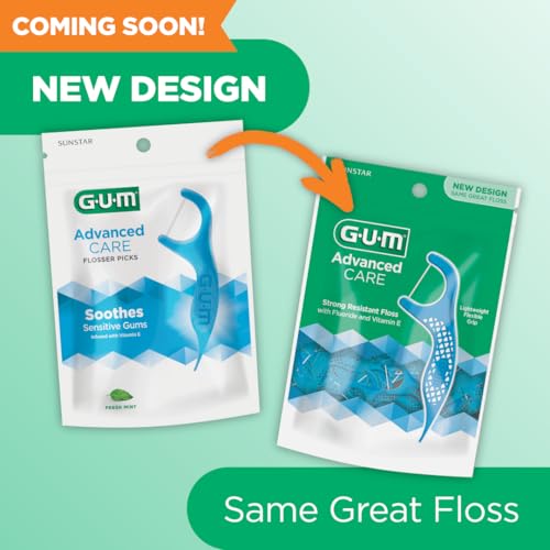 GUM Advanced Care Floss Picks - Dental Flossers for Adults with Vitamin E and Fluoride - Extra Strong Shred-Resistant Dental Floss, Easy Grip Handle, Fresh Mint Flavor, 150 Count