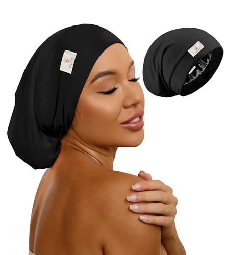 100% Mulberry Silk Bonnet for Sleeping for Curly Hair and Braids, Wrap with Adjustable Strap for Women and Men,Real Silk, Not Satin（1Pc,Black）