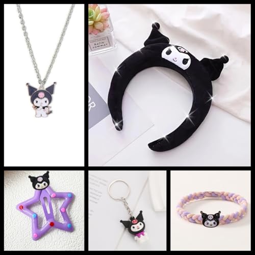 117Pcs Kawaii Cute Stuff Gifts Set Include Headband,Pouch, Hair Band, Hair Ties & Clips, Hairpin, Stickers, Necklace,Bracelet, Keychain(Black)