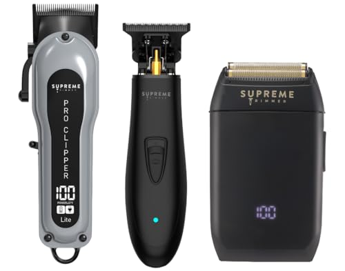 Supreme Trimmer 3-in-1 Barber Bundle | Pro Clipper Lite, DLC T-Shaper Trimmer & Crunch Foil Shaver | Professional Beard Trimmer Men’s Hair Clipper Kit | Black Lite Bundle