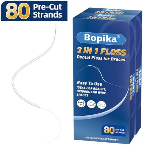 Bopika Dental Floss for Braces, 3 in 1 Ultimate Floss, Floss Threaders for Bridges and Implants, 80 Pre-Cut Strands (Pack of 3)
