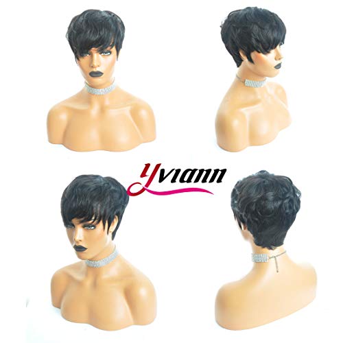Human Hair Short Wigs Pixie Cut Wigs with Bangs Short Black Layered Wavy Wigs for Women 1B Color