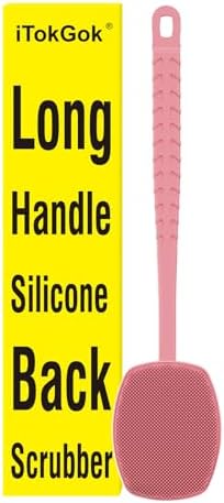 iTokGoK® All New Premium Silicone Back Scrubber with Tire Anti-Slip Long Handle for Shower, Gentle Exfoliating and Massage Brush Scrubber for Sensitive Skin for Men and Women (Pink)
