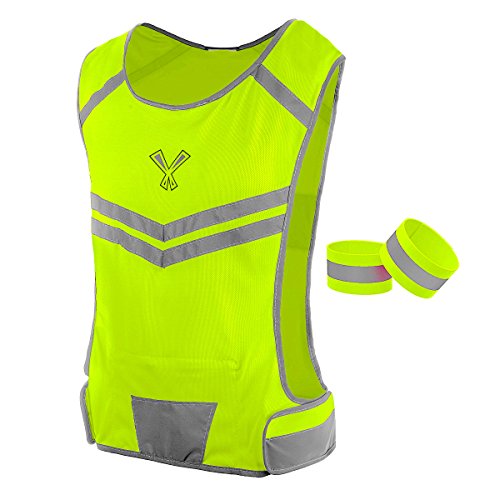 247 Viz Running Reflective Vest with Inside Pocket and 2 Bands, High Visibility Reflective Running Gear Safety Vest Straps for Men Women Kids for Night Running Walking Cycling