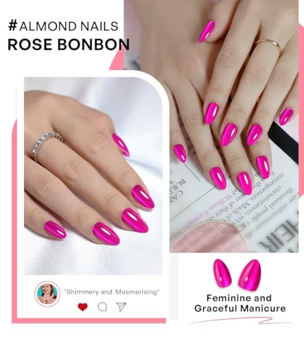 Hot Pink Press on Nails Cateye - GJZEZ Soft Gel Cat Eye Stick on Nails, Short Almond Press Ons, Bright Neon Pink Salon Grade Fake Nails | 16 Sizes - 32 pcs Reusable Summer Prom Nails, Rose Bonbon