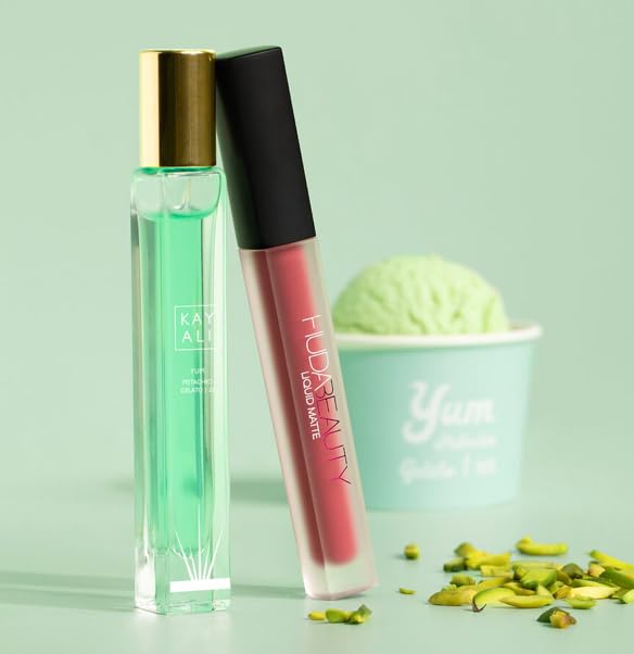 Huda Beauty Kayali Yum Gift Set - Pistachio Gelato | 33 Eau De Parfum Travel Size Spray (0.34 fl oz / 10 ml) and Matte Liquid Lipstick in Shade Queen of Sheba (0.14 fl oz / 4.2 ml)