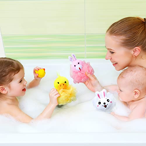 16 Pcs Kids Bath Loofahs Bulk Animal Cartoon Bath Sponge Cute Pouf Mesh Body Loofah Colorful Exfoliating Scrubber Shower Ball for Kids Toddler Boys Girls Adults
