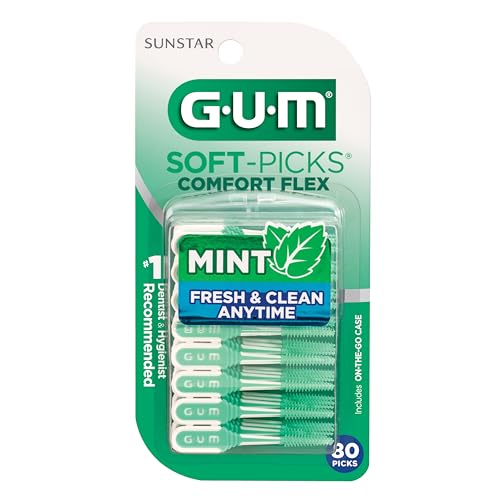 GUM Soft-Picks Comfort Flex, Mint, Easy to Use Dental Picks for Teeth Cleaning Health, Disposable Interdental Brushes with Convenient Carry Case, Dentist Recommended, 80 Count (Pack of 4)