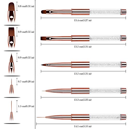5pc Nail Art Brush Set - Rose Gold Rhinestone Handles with Gel Polish, Liner, Drawing Brushes for Salon & DIY Manicure