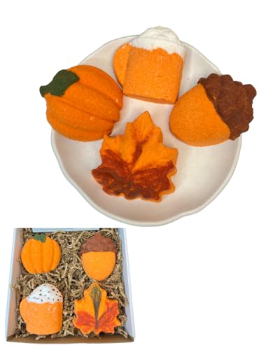 4 pcs Fall Bath Bomb Gift Box, 5oz Pumpkin Bath Bomb, 5oz Mapple Leaf Bath Bomb, 5oz Acorn Bath Bomb, 50z Pumpkin Spice Latte Bath Bomb,
