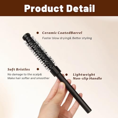 3pcs Small Round Hair Brush for Short Hair - Barrel Hair Brush for Blow Drying, Aluminum Round Brush for Bobs, Bangs, Lobs, Roots, Curling, Pixie Cuts, Straight Hair - Black