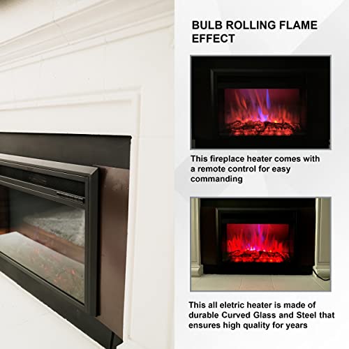 XBrand 32 Inch Insert Electric Fireplace Heater with Remote Control, LED Rolling Flame Effect, and Temperature Limiting Control, Glass and Steel Indoor, Black