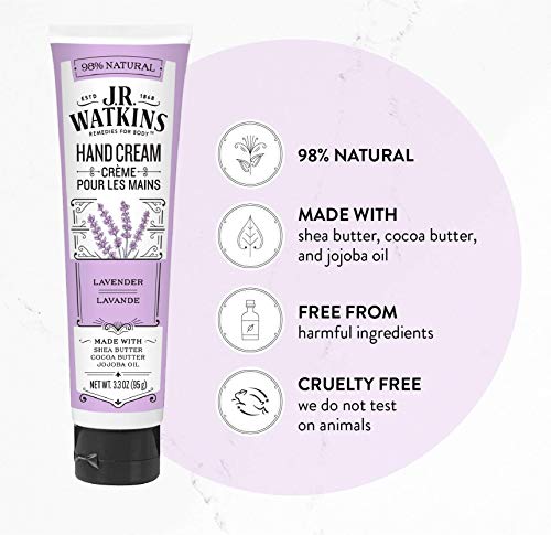 J.R. Watkins Natural Moisturizing Hand Cream, Hydrating Hand Moisturizer with Shea Butter, Cocoa Butter, and Avocado Oil, USA Made and Cruelty Free, 3.3oz, Lavender, (Pack of 4)