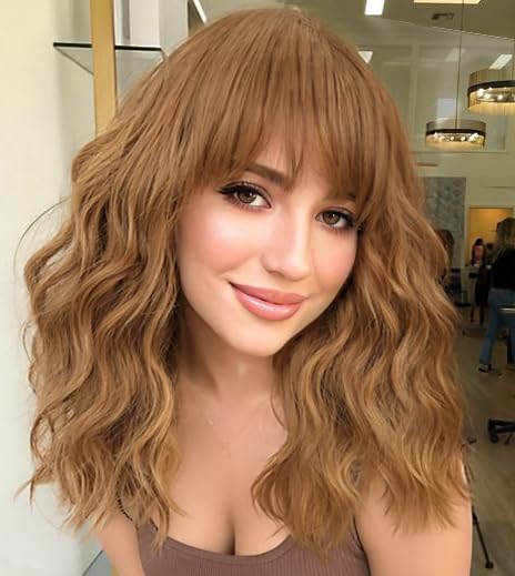 AISI HAIR Synthetic Curly Bob Wig with Bangs Natural Brown with Honey Blonde Highlight Ombre Short Wavy for Women Natural Looking Heat Resistant Bob Wigs