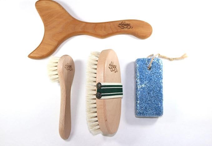 4-pc Dry Brush - Exfoliating Body, Face & Foot, Wooden Massage Maderoterapia Tool, Meridian Pressure for Lymphatic Drainage, Cellulite, Anti-callus Pumice Stone, Gua Sha, Body Sculpting, Sensitiv Skin