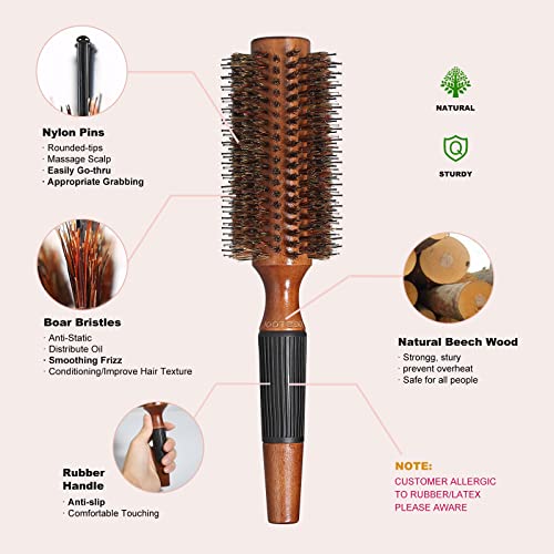 BESTOOL Round Hair Brush for Women or Men, Boar Bristle Hairbrush for Quick Blowout, Add Shine/Volume, Minimize Damage (2.5 Inch)