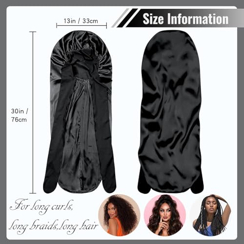 BONNET QUEEN Braid Bonnet Foldable Extra Long Bonnet for Braids Silk Bonnet Satin Bonnet with tie Band Hair Bonnet for Sleeping Night for Locs Black