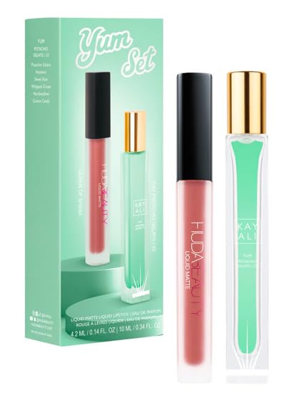 Huda Beauty Kayali Yum Gift Set - Pistachio Gelato | 33 Eau De Parfum Travel Size Spray (0.34 fl oz / 10 ml) and Matte Liquid Lipstick in Shade Queen of Sheba (0.14 fl oz / 4.2 ml)