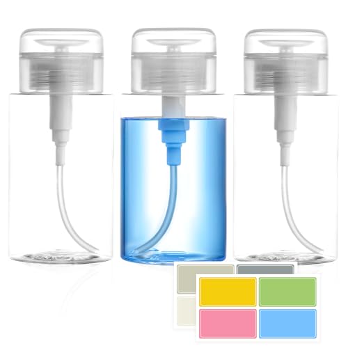 3 Pack Push Down Pump Dispenser,Clear Push Top Empty Bottles with DIY Stickers for Alcohol,Nail Polish,Makeup Remover,Toner (200ml)