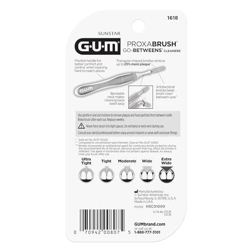 GUM Proxabrush Go-Betweens - Extra Wide - Interdental Brushes - Soft Bristled Dental Picks for Plaque Removal Health - Safe for Braces & Dental Devices, 10 Count (Pack of 4)