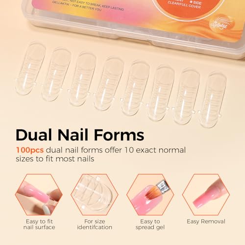 100Pcs Nail Forms Kit, 10 Sizes Reusable Dual nail Forms for Poly Gel & Builder Gel, 120ml Slip Solution Liquid, 6 Clips, Dual-Ended Brush, Nail Art Cup, DIY Pedicure Kit for Beginners