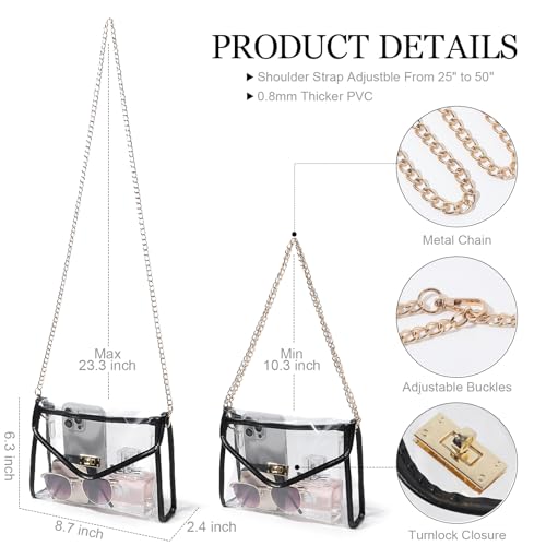 Clear Purse for Women Stadium Approved, Clear Crossbody Bag with Leather Edging for Concert Sports Events (Black - Gold Chain)