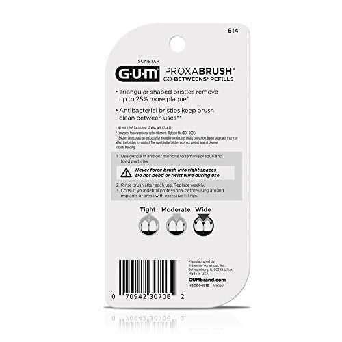 GUM Proxabrush Go-Betweens Refills - Wide - Compatible with GUM Permanent Handle - Reusable Interdental Brushes - Soft Bristled Dental Picks, 16 Count