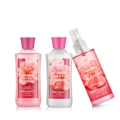 Japanese Cherry Blossom Bath and Body Gift Set, Gel, Lotion, Mist, Travel Size Spa Set,With Natural Extracts-Body Care kit for Birthday Mother's Day Chirstmas Gifts