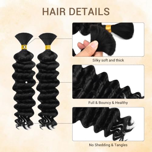 Human Braiding Hair for Boho Knotless Braids 2 Bundles 14 Inches 80g Deep Wave 10A Brazilian Virgin Human Bohemian Hair for Braiding Natural Black 1B