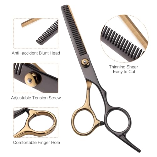 Hair Cutting Scissors Kit, Hair Scissors Professional Haircut Scissor with Stainless Steel Barber Shears, Thinning Shears, Haircut Accessories in Leather Case for Salon/Home- 10PCS Gold Black